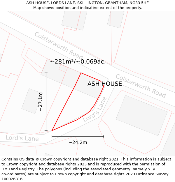 ASH HOUSE, LORDS LANE, SKILLINGTON, GRANTHAM, NG33 5HE: Plot and title map