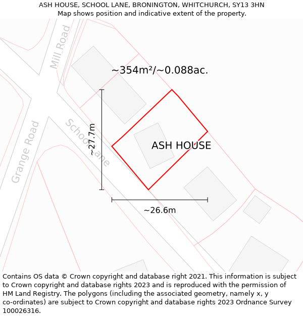 ASH HOUSE, SCHOOL LANE, BRONINGTON, WHITCHURCH, SY13 3HN: Plot and title map