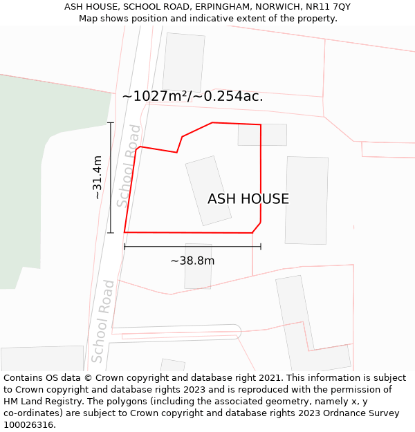 ASH HOUSE, SCHOOL ROAD, ERPINGHAM, NORWICH, NR11 7QY: Plot and title map