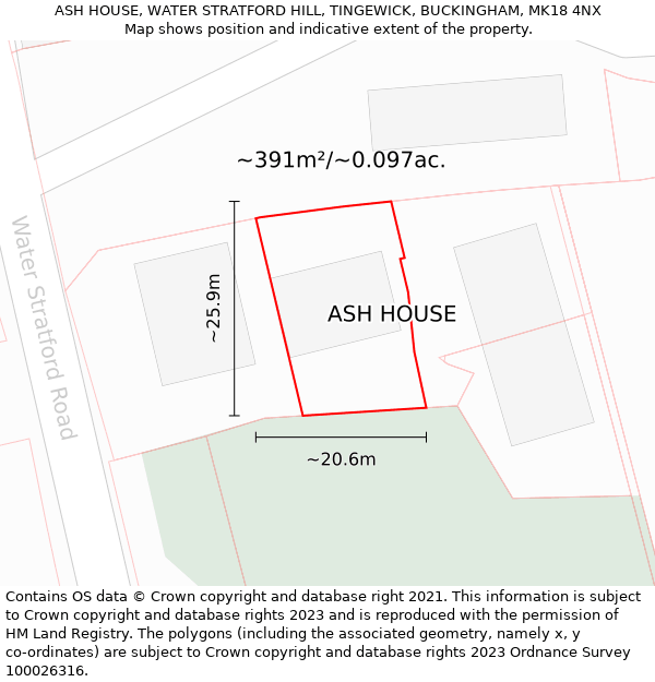 ASH HOUSE, WATER STRATFORD HILL, TINGEWICK, BUCKINGHAM, MK18 4NX: Plot and title map