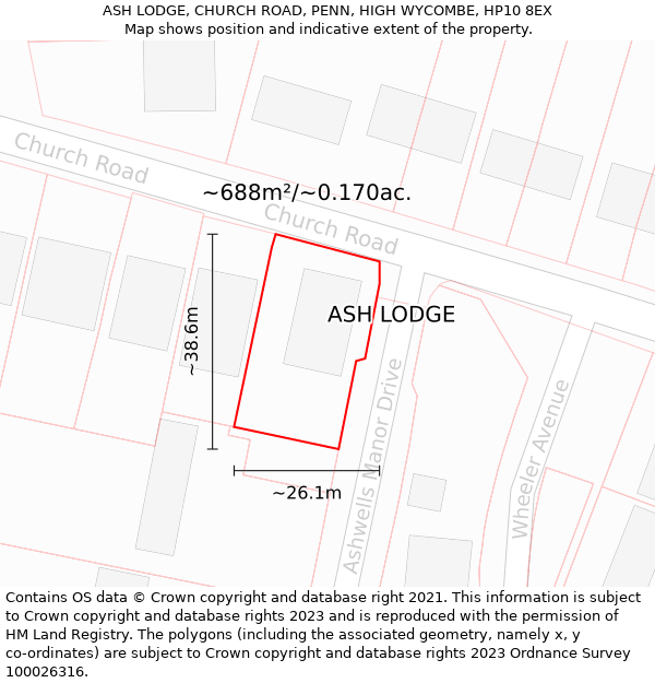 ASH LODGE, CHURCH ROAD, PENN, HIGH WYCOMBE, HP10 8EX: Plot and title map