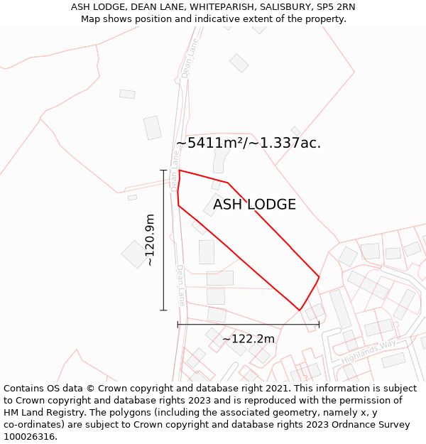 ASH LODGE, DEAN LANE, WHITEPARISH, SALISBURY, SP5 2RN: Plot and title map