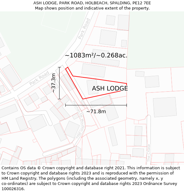 ASH LODGE, PARK ROAD, HOLBEACH, SPALDING, PE12 7EE: Plot and title map