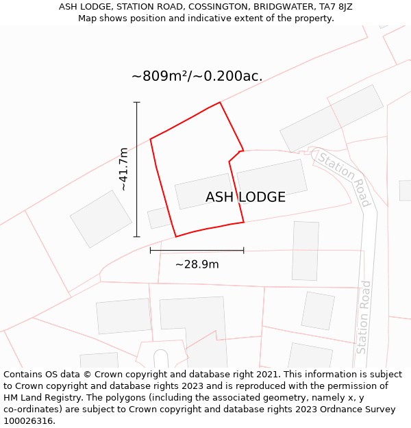 ASH LODGE, STATION ROAD, COSSINGTON, BRIDGWATER, TA7 8JZ: Plot and title map