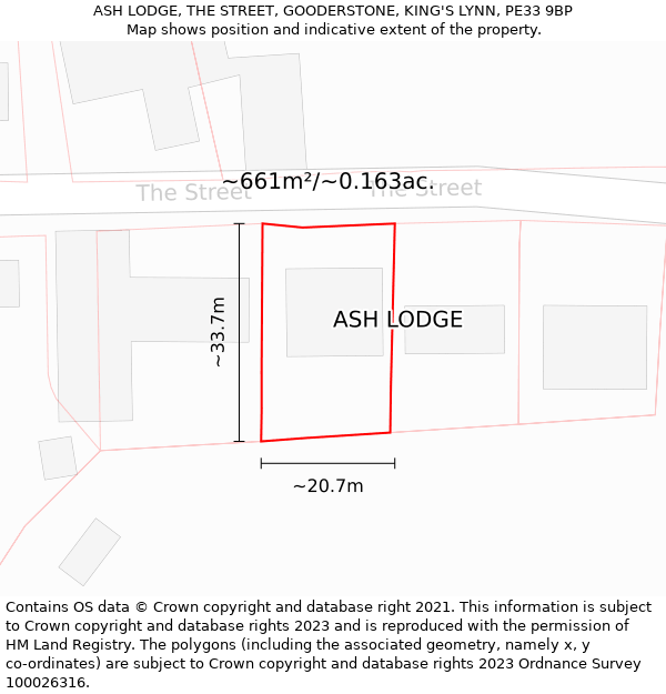 ASH LODGE, THE STREET, GOODERSTONE, KING'S LYNN, PE33 9BP: Plot and title map