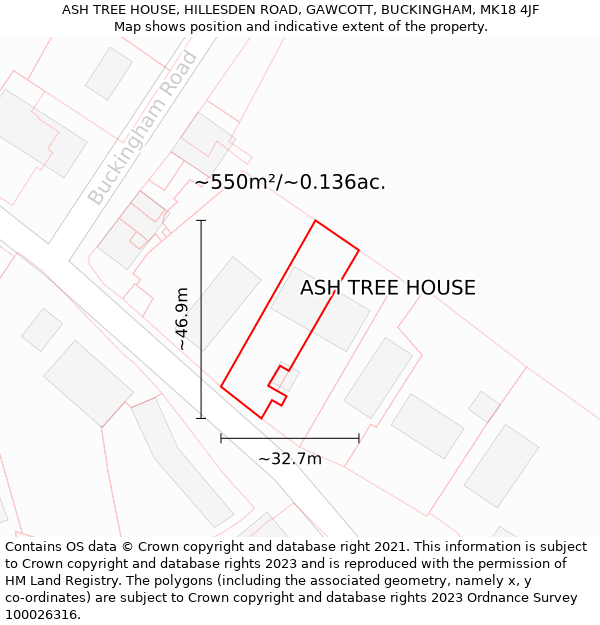 ASH TREE HOUSE, HILLESDEN ROAD, GAWCOTT, BUCKINGHAM, MK18 4JF: Plot and title map