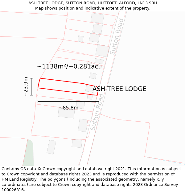 ASH TREE LODGE, SUTTON ROAD, HUTTOFT, ALFORD, LN13 9RH: Plot and title map