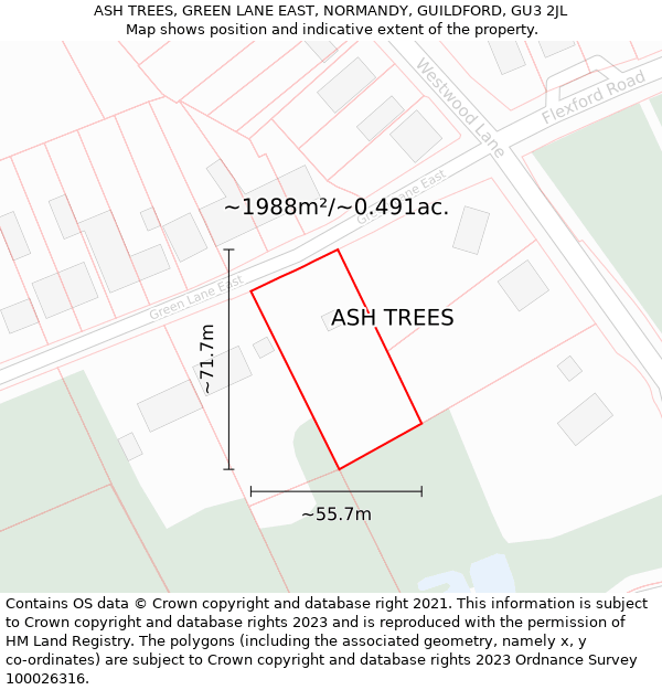 ASH TREES, GREEN LANE EAST, NORMANDY, GUILDFORD, GU3 2JL: Plot and title map