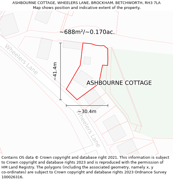 ASHBOURNE COTTAGE, WHEELERS LANE, BROCKHAM, BETCHWORTH, RH3 7LA: Plot and title map