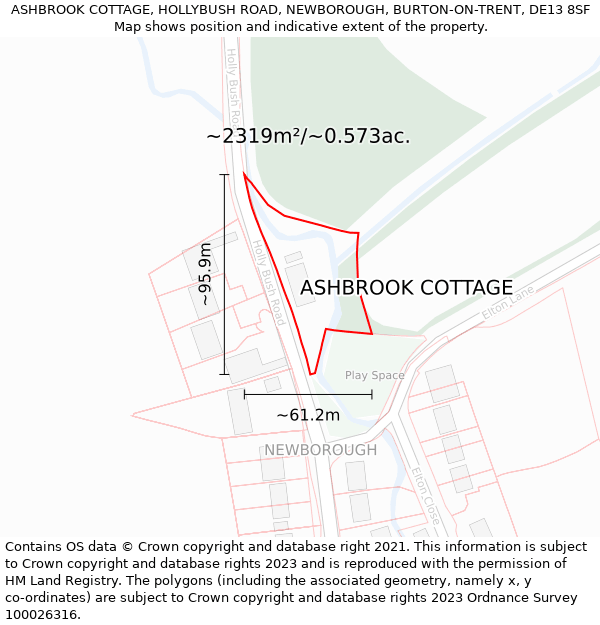 ASHBROOK COTTAGE, HOLLYBUSH ROAD, NEWBOROUGH, BURTON-ON-TRENT, DE13 8SF: Plot and title map