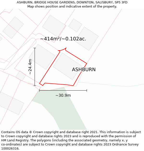 ASHBURN, BRIDGE HOUSE GARDENS, DOWNTON, SALISBURY, SP5 3FD: Plot and title map