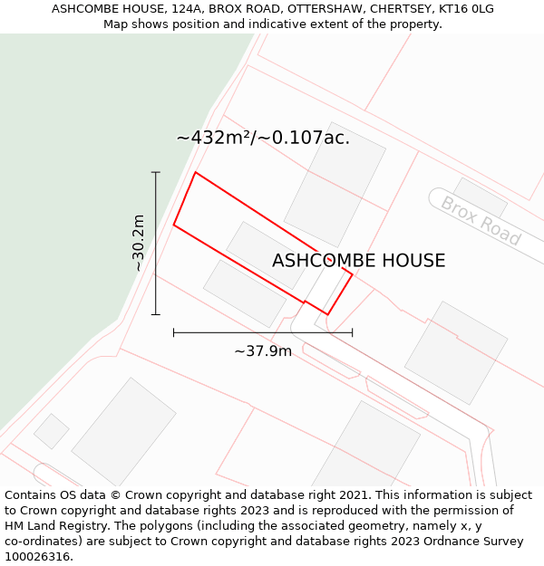 ASHCOMBE HOUSE, 124A, BROX ROAD, OTTERSHAW, CHERTSEY, KT16 0LG: Plot and title map