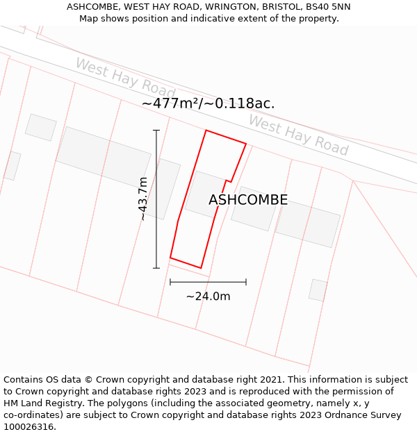 ASHCOMBE, WEST HAY ROAD, WRINGTON, BRISTOL, BS40 5NN: Plot and title map