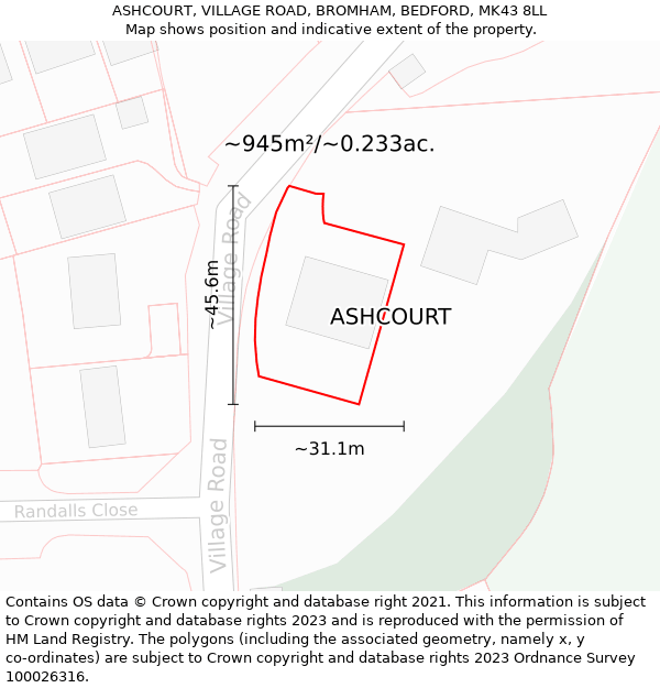 ASHCOURT, VILLAGE ROAD, BROMHAM, BEDFORD, MK43 8LL: Plot and title map