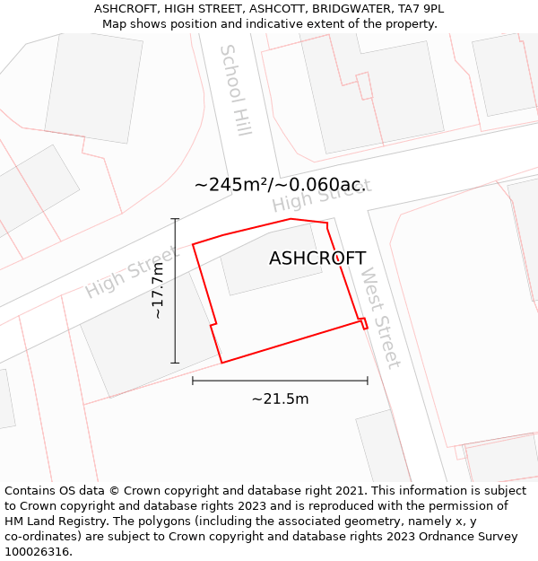 ASHCROFT, HIGH STREET, ASHCOTT, BRIDGWATER, TA7 9PL: Plot and title map