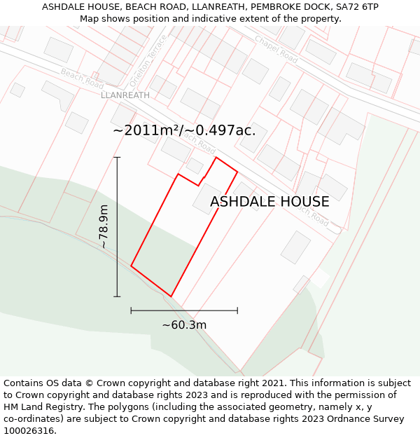 ASHDALE HOUSE, BEACH ROAD, LLANREATH, PEMBROKE DOCK, SA72 6TP: Plot and title map