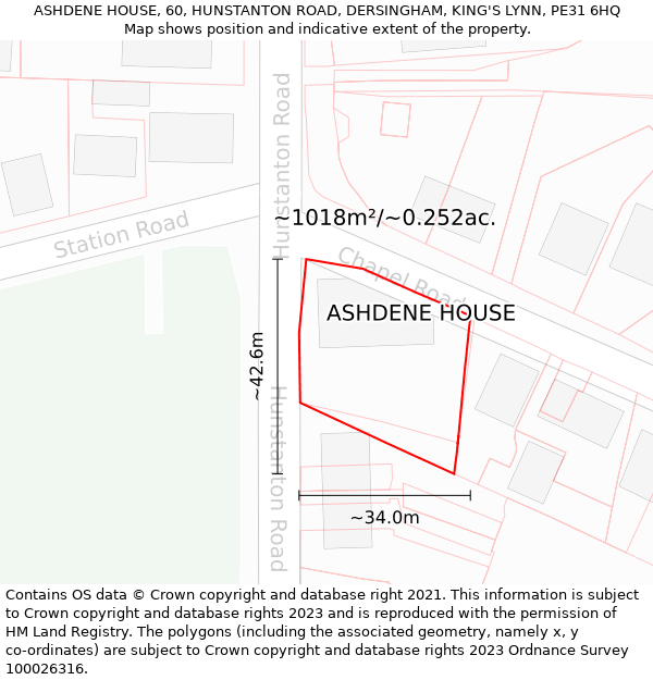 ASHDENE HOUSE, 60, HUNSTANTON ROAD, DERSINGHAM, KING'S LYNN, PE31 6HQ: Plot and title map