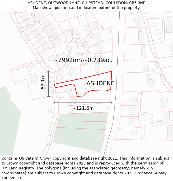 ASHDENE, OUTWOOD LANE, CHIPSTEAD, COULSDON, CR5 3NP: Plot and title map