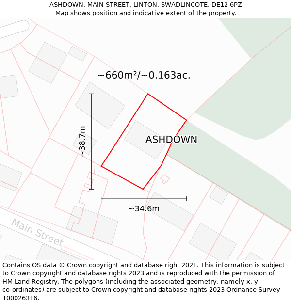 ASHDOWN, MAIN STREET, LINTON, SWADLINCOTE, DE12 6PZ: Plot and title map