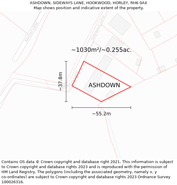 ASHDOWN, SIDEWAYS LANE, HOOKWOOD, HORLEY, RH6 0AX: Plot and title map