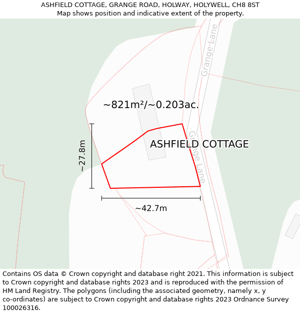 ASHFIELD COTTAGE, GRANGE ROAD, HOLWAY, HOLYWELL, CH8 8ST: Plot and title map