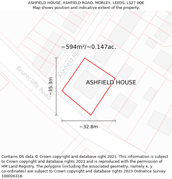 ASHFIELD HOUSE, ASHFIELD ROAD, MORLEY, LEEDS, LS27 0QE: Plot and title map