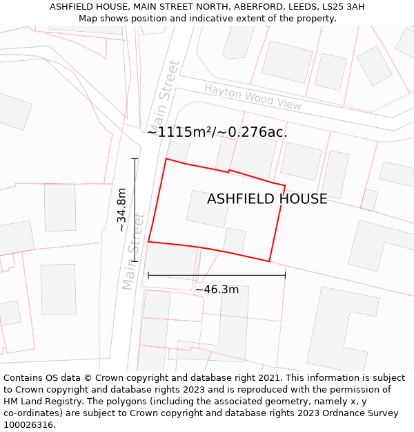 ASHFIELD HOUSE, MAIN STREET NORTH, ABERFORD, LEEDS, LS25 3AH: Plot and title map