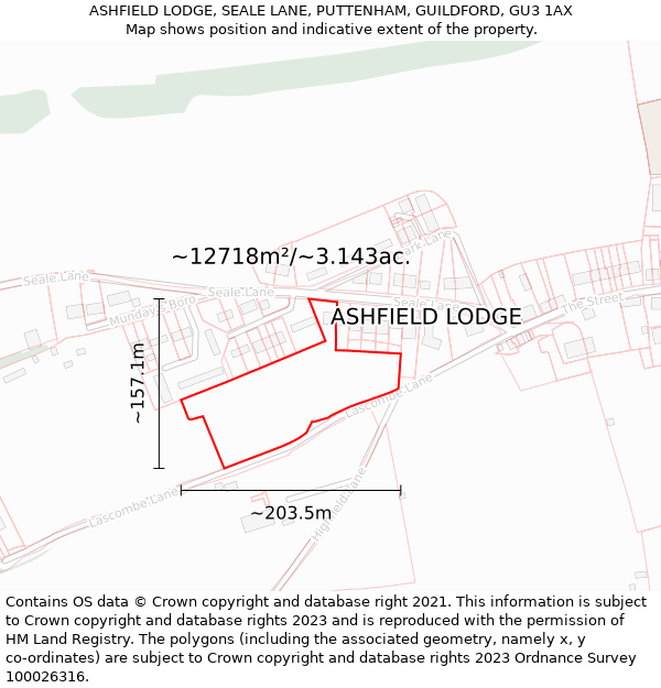 ASHFIELD LODGE, SEALE LANE, PUTTENHAM, GUILDFORD, GU3 1AX: Plot and title map