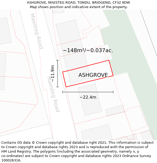 ASHGROVE, MAESTEG ROAD, TONDU, BRIDGEND, CF32 9DW: Plot and title map