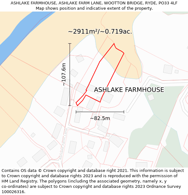 ASHLAKE FARMHOUSE, ASHLAKE FARM LANE, WOOTTON BRIDGE, RYDE, PO33 4LF: Plot and title map