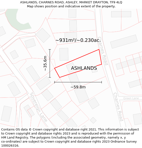 ASHLANDS, CHARNES ROAD, ASHLEY, MARKET DRAYTON, TF9 4LQ: Plot and title map