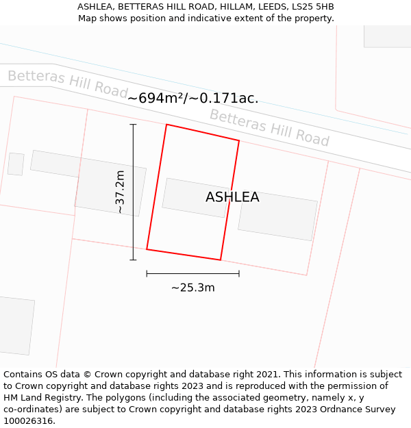 ASHLEA, BETTERAS HILL ROAD, HILLAM, LEEDS, LS25 5HB: Plot and title map