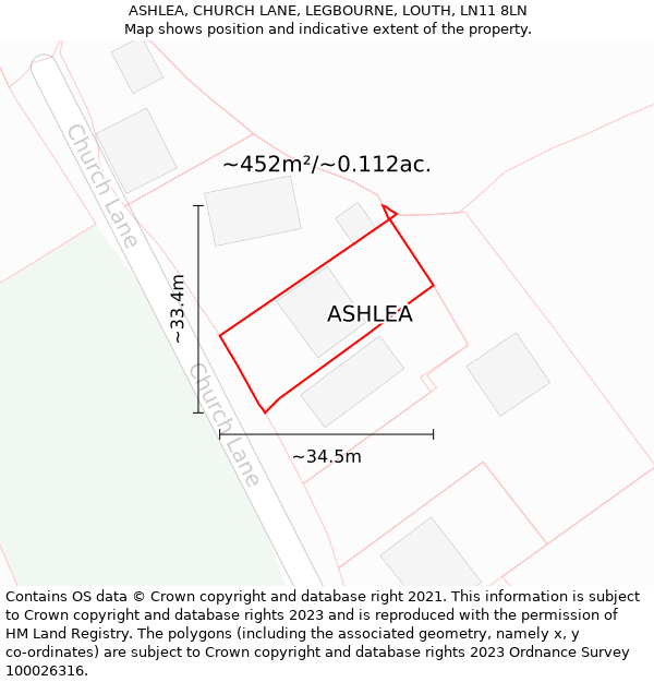 ASHLEA, CHURCH LANE, LEGBOURNE, LOUTH, LN11 8LN: Plot and title map