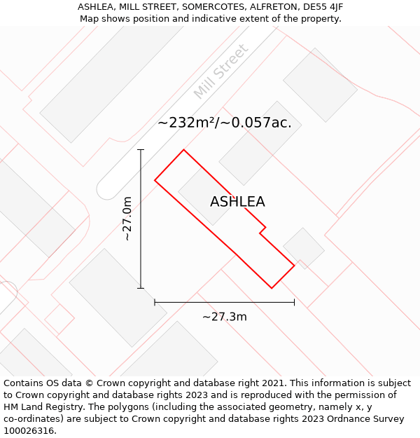 ASHLEA, MILL STREET, SOMERCOTES, ALFRETON, DE55 4JF: Plot and title map