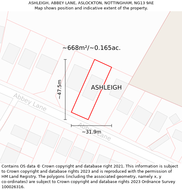 ASHLEIGH, ABBEY LANE, ASLOCKTON, NOTTINGHAM, NG13 9AE: Plot and title map