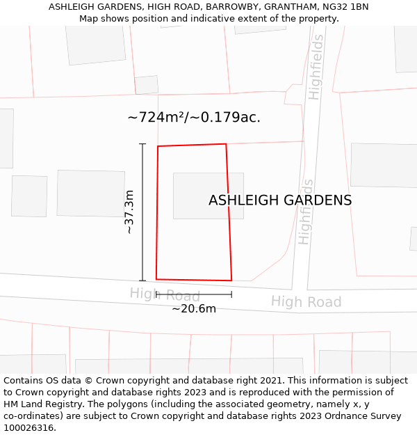 ASHLEIGH GARDENS, HIGH ROAD, BARROWBY, GRANTHAM, NG32 1BN: Plot and title map