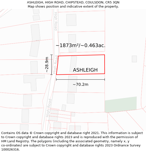 ASHLEIGH, HIGH ROAD, CHIPSTEAD, COULSDON, CR5 3QN: Plot and title map