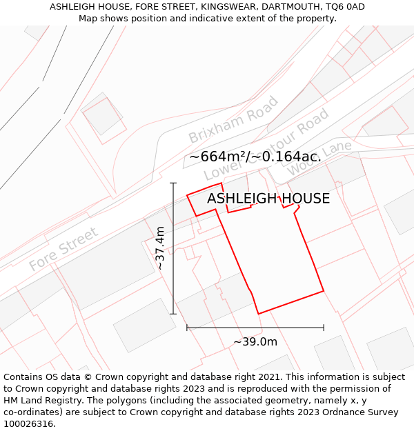 ASHLEIGH HOUSE, FORE STREET, KINGSWEAR, DARTMOUTH, TQ6 0AD: Plot and title map