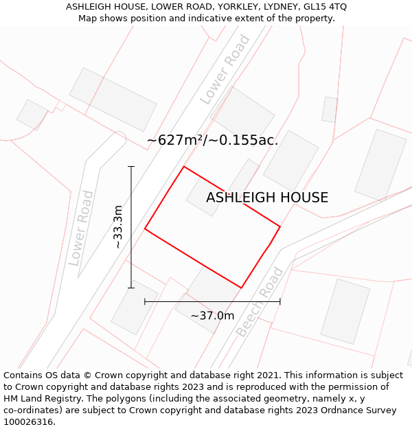 ASHLEIGH HOUSE, LOWER ROAD, YORKLEY, LYDNEY, GL15 4TQ: Plot and title map
