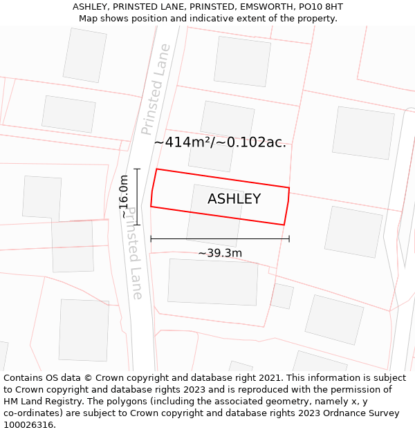 ASHLEY, PRINSTED LANE, PRINSTED, EMSWORTH, PO10 8HT: Plot and title map