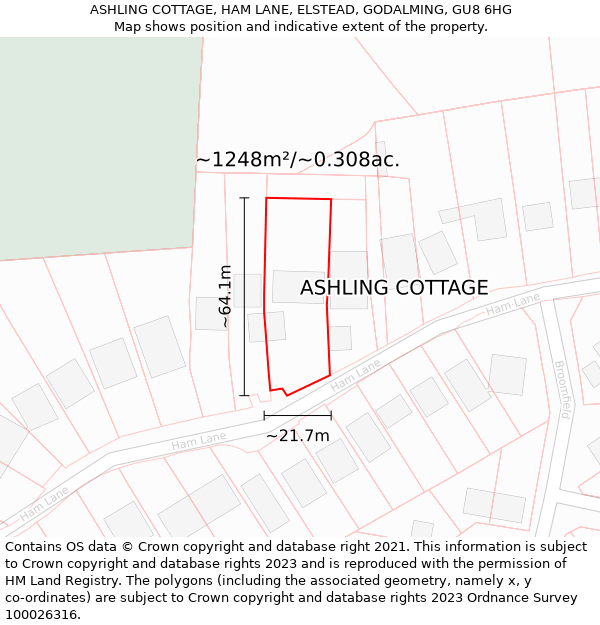 ASHLING COTTAGE, HAM LANE, ELSTEAD, GODALMING, GU8 6HG: Plot and title map