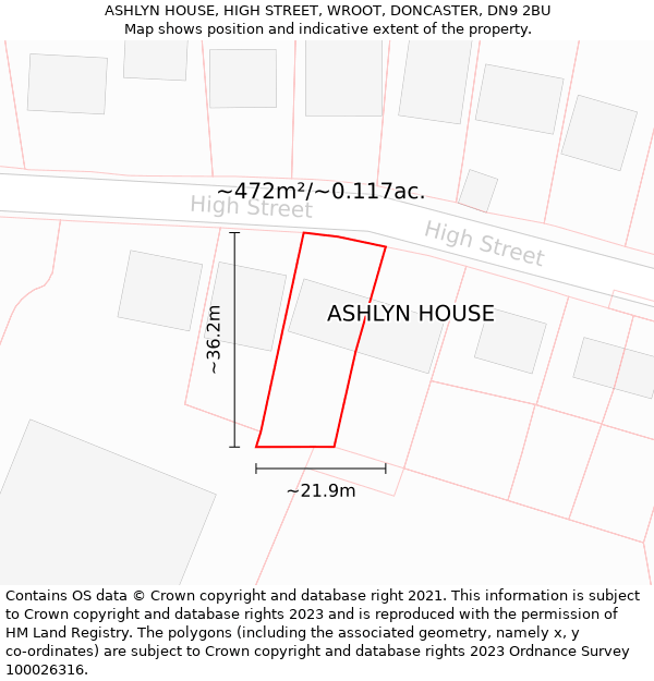 ASHLYN HOUSE, HIGH STREET, WROOT, DONCASTER, DN9 2BU: Plot and title map