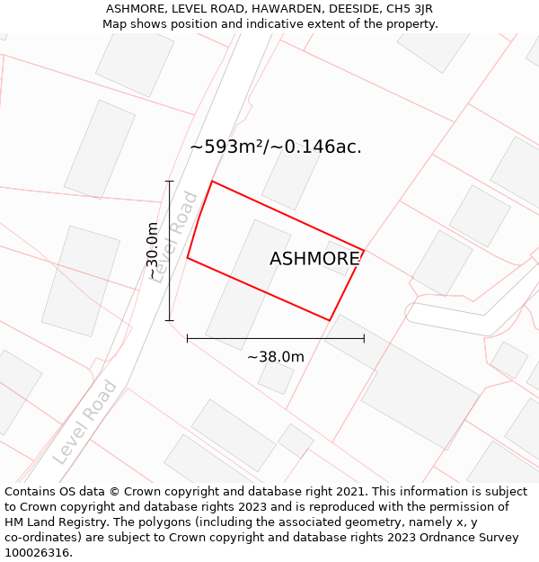 ASHMORE, LEVEL ROAD, HAWARDEN, DEESIDE, CH5 3JR: Plot and title map