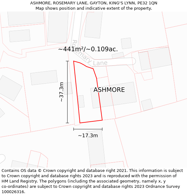 ASHMORE, ROSEMARY LANE, GAYTON, KING'S LYNN, PE32 1QN: Plot and title map