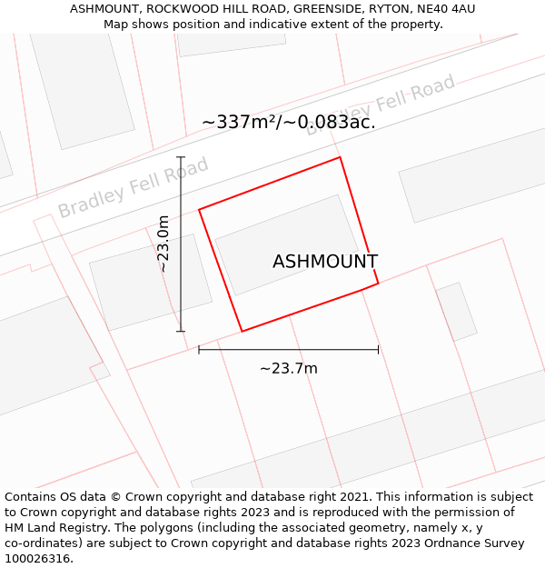 ASHMOUNT, ROCKWOOD HILL ROAD, GREENSIDE, RYTON, NE40 4AU: Plot and title map