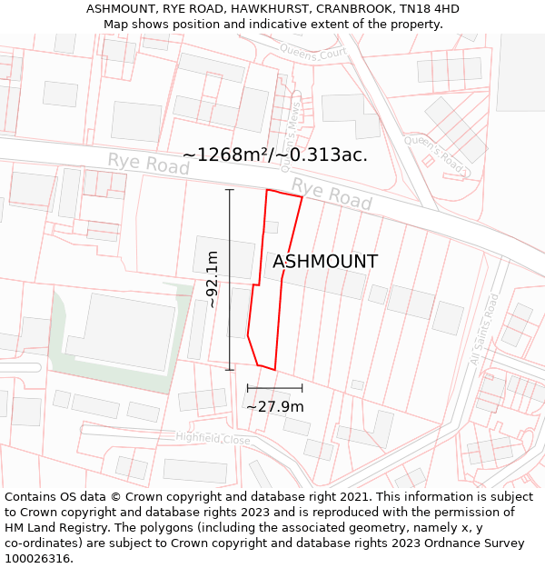 ASHMOUNT, RYE ROAD, HAWKHURST, CRANBROOK, TN18 4HD: Plot and title map