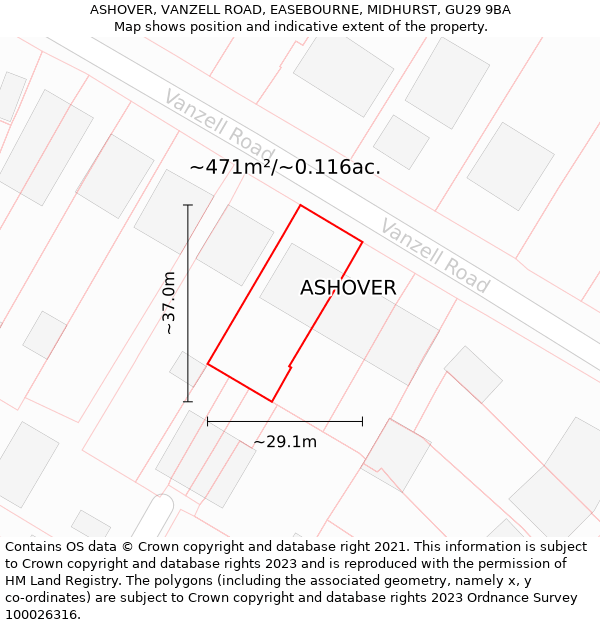 ASHOVER, VANZELL ROAD, EASEBOURNE, MIDHURST, GU29 9BA: Plot and title map