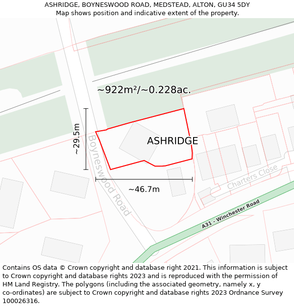 ASHRIDGE, BOYNESWOOD ROAD, MEDSTEAD, ALTON, GU34 5DY: Plot and title map