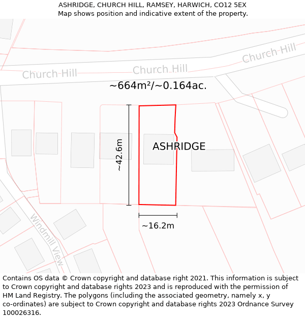ASHRIDGE, CHURCH HILL, RAMSEY, HARWICH, CO12 5EX: Plot and title map