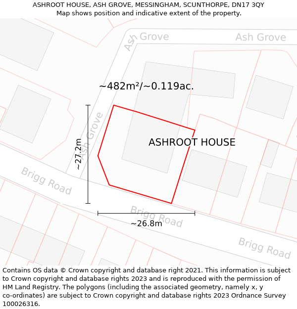 ASHROOT HOUSE, ASH GROVE, MESSINGHAM, SCUNTHORPE, DN17 3QY: Plot and title map